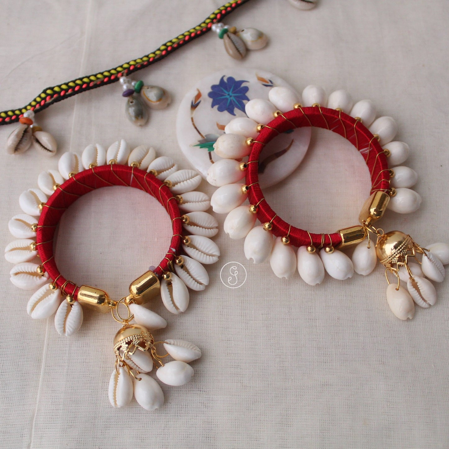 Red Thread & Shells Work Free Size Bangles Pair