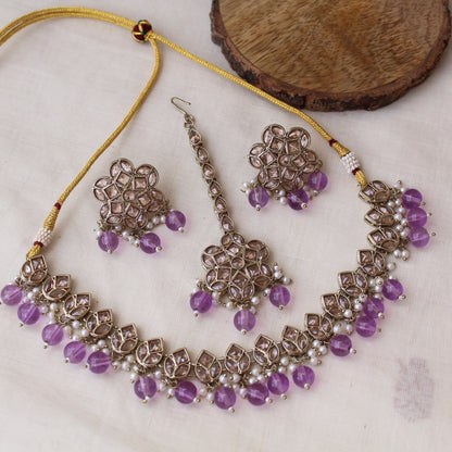 Lavender & Golden Necklace Set With Tika