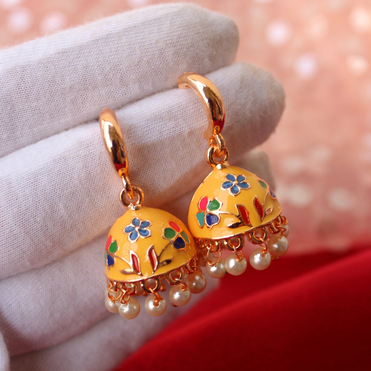 Yellow Mini Meenakari Jhumki Earrings