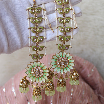 Gorgeous Green Ethnic Earrings With Earchain