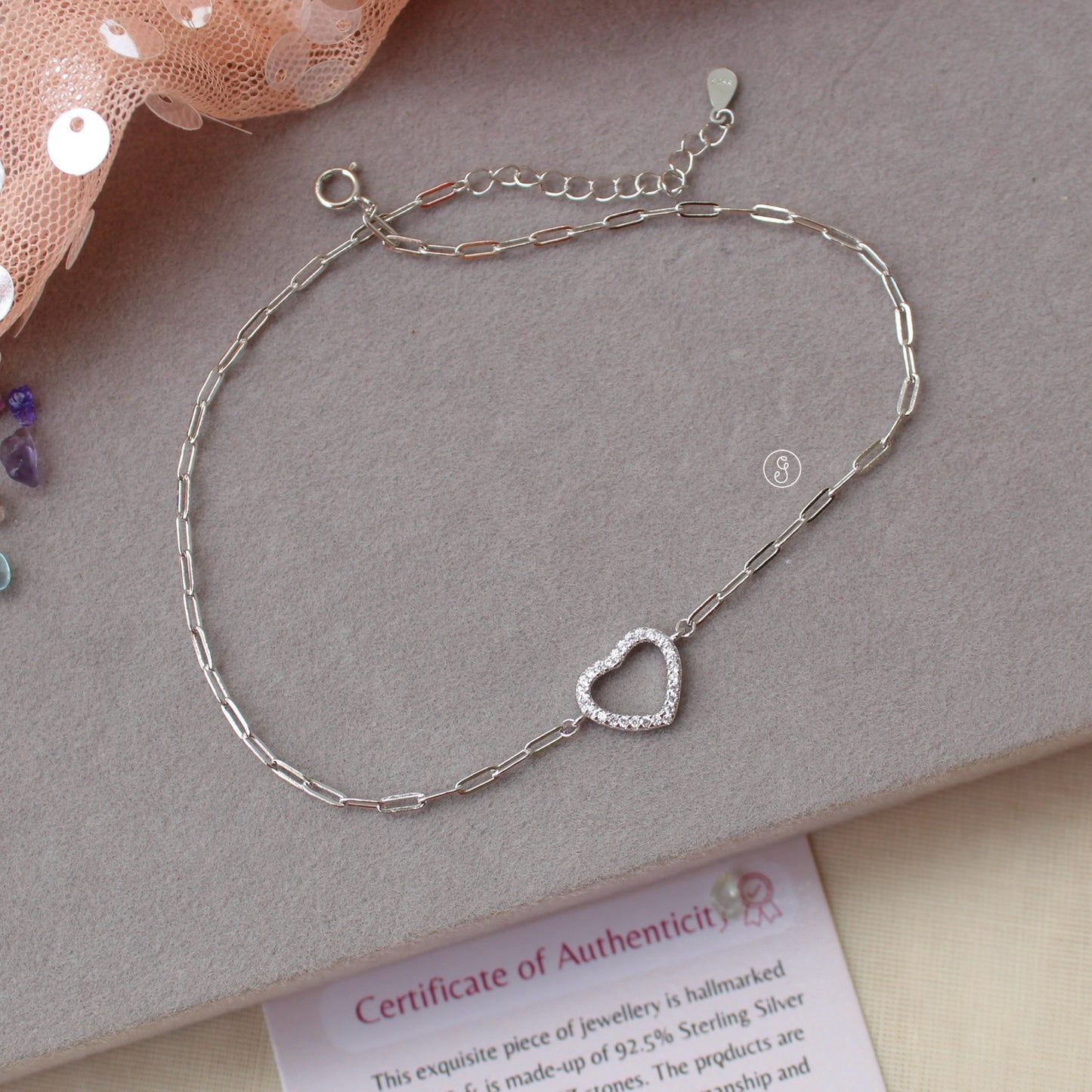 92.5 Sterling Silver Anklet With Love Heart Charm