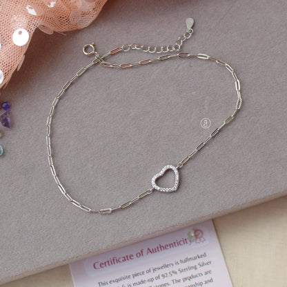 92.5 Sterling Silver Anklet With Love Heart Charm