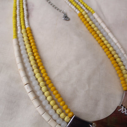 Yellow Beads & Tassels Work Long Necklace