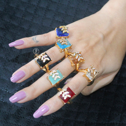 AD Stone Leaf Design Adjustable Statement Finger Ring