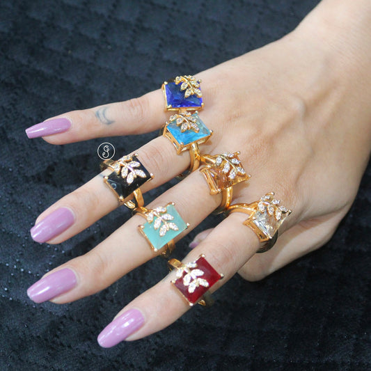 AD Stone Leaf Design Adjustable Statement Finger Ring