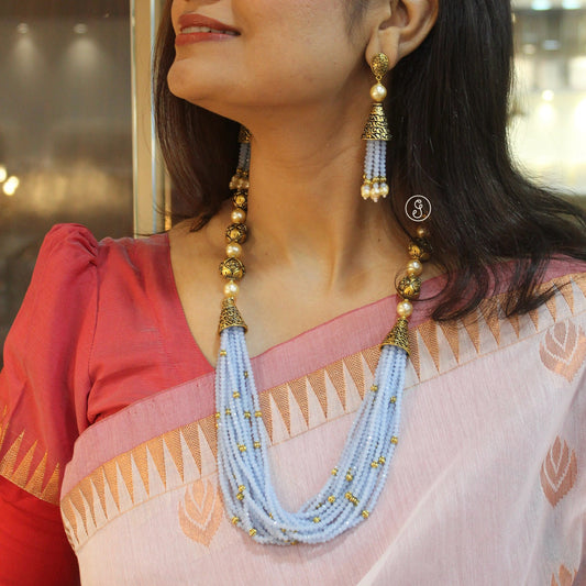 Light Blue Crystal & Brass Beads Mala Necklace Set