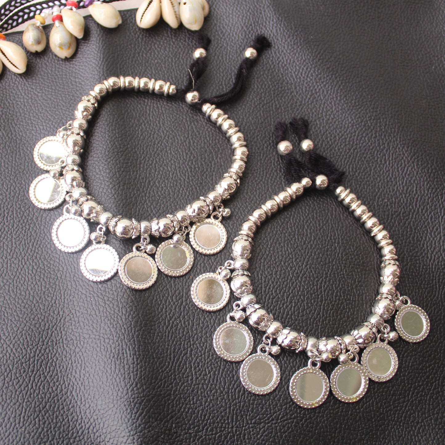 Mirror Work Pair of Silver Anklets