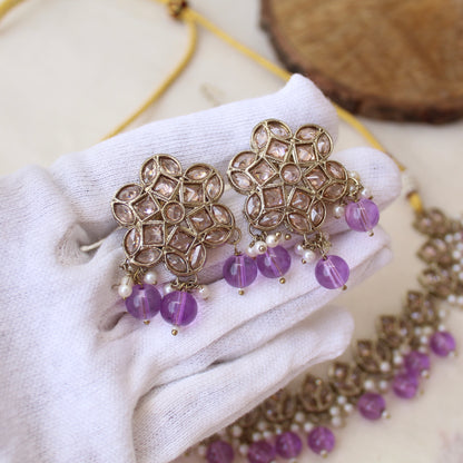 Lavender & Golden Necklace Set With Tika