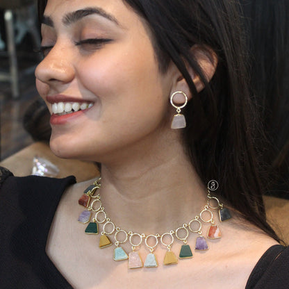 Natural Stone & Brass Statement Necklace Set