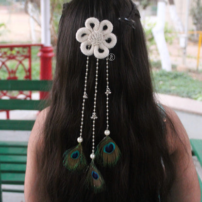 White Jute Flower Hair Clip with Peacock Feather Hangings