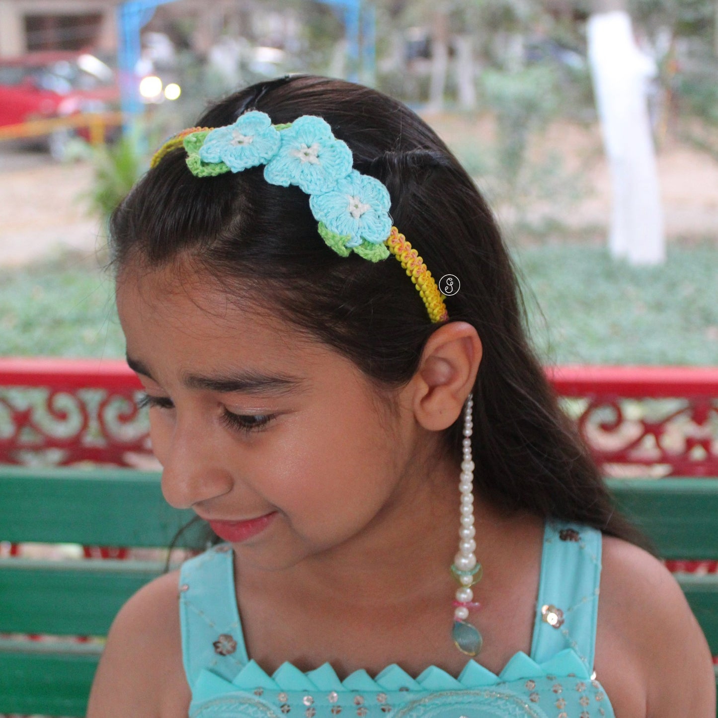 Handcrafted Crochet Flower Hairband with Pearl Hangings