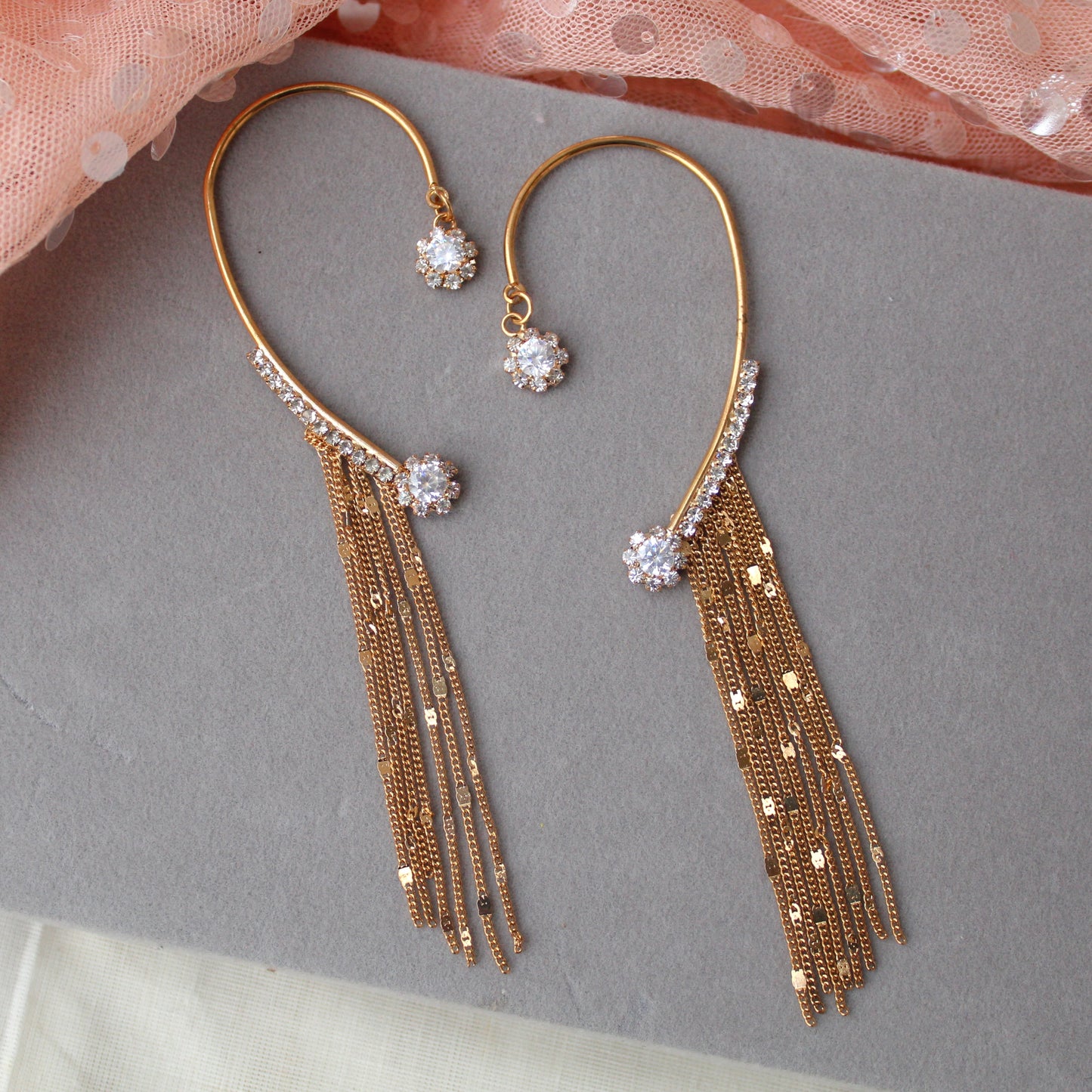 Golden Diamonds & Chains Embellished Ear-cuffs