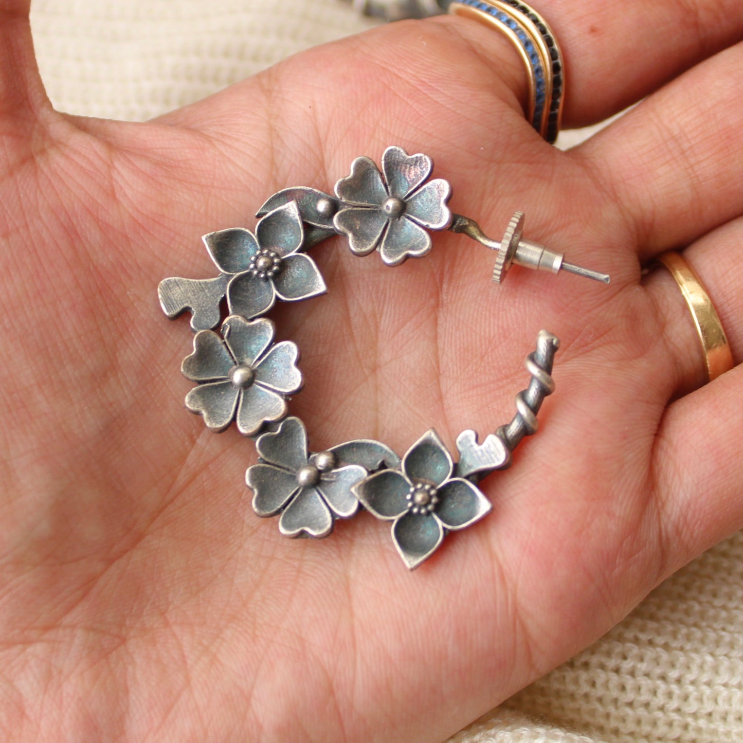 Beautiful Flower Design Oxidised Silver Hoops