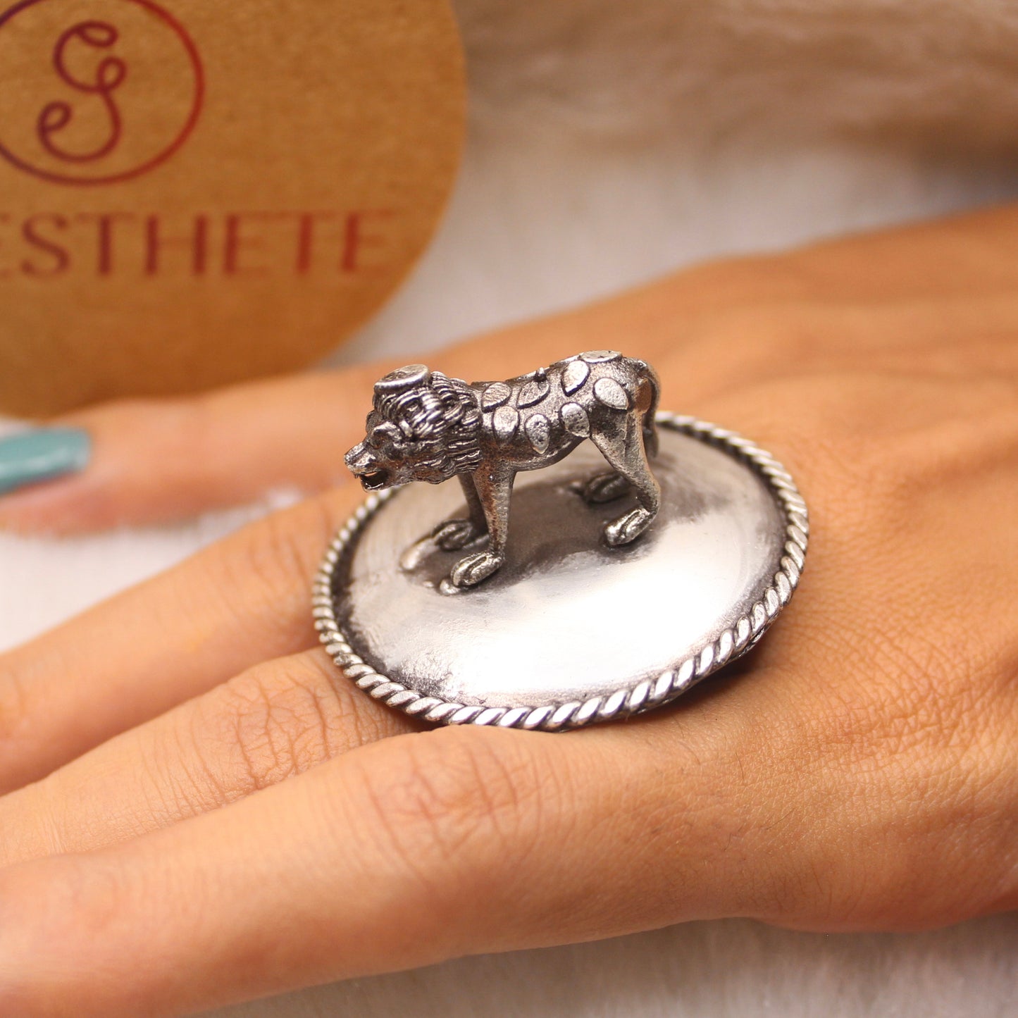 3D Lion Statue Oxidised Silver Brass Ring