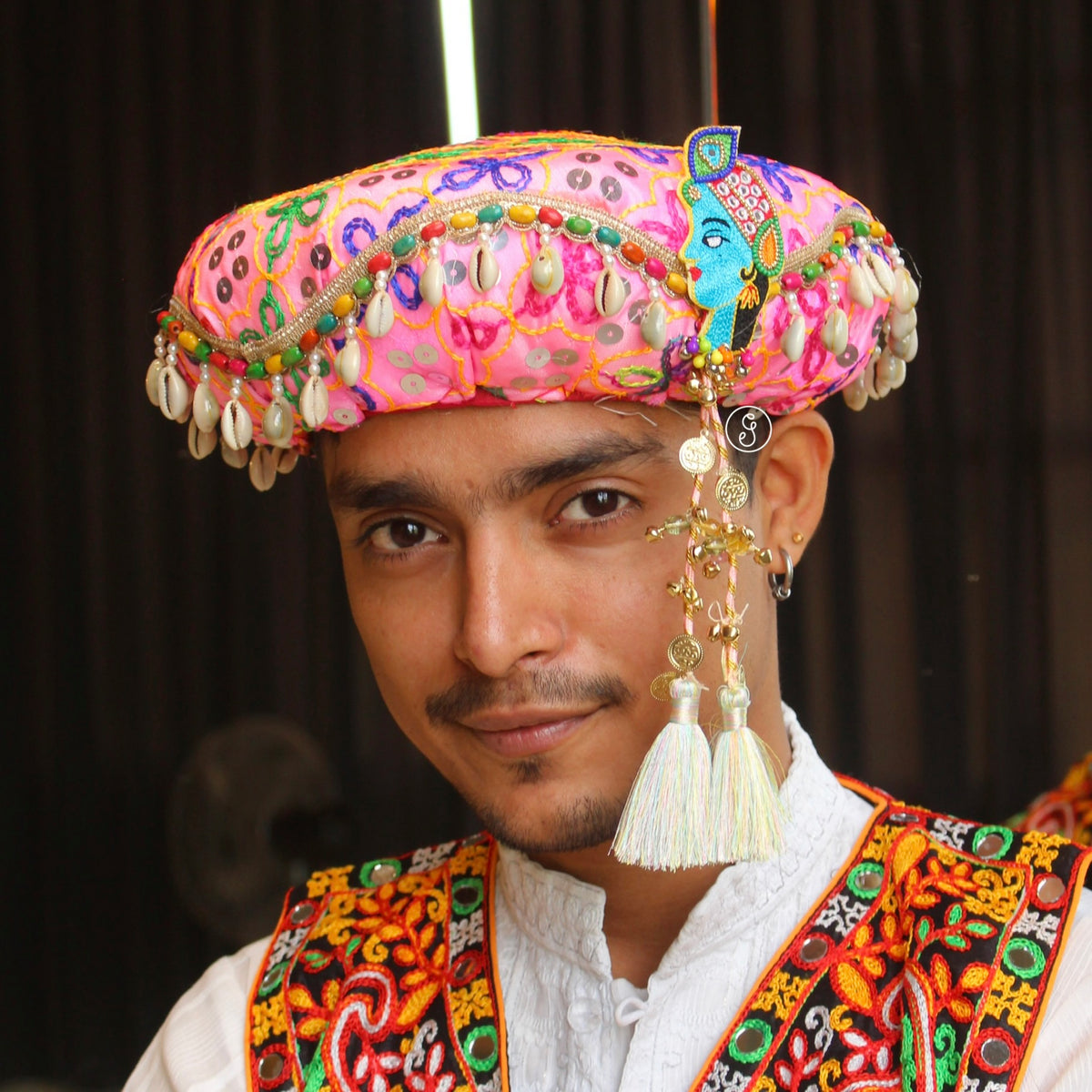Pink Multicolour Embroidered Pagdi with Krishna Motif