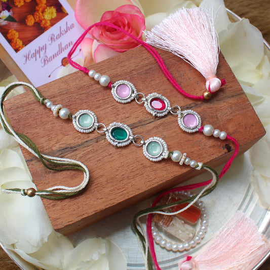 Premium Quality Pink & Green Stones Rakhi Pair