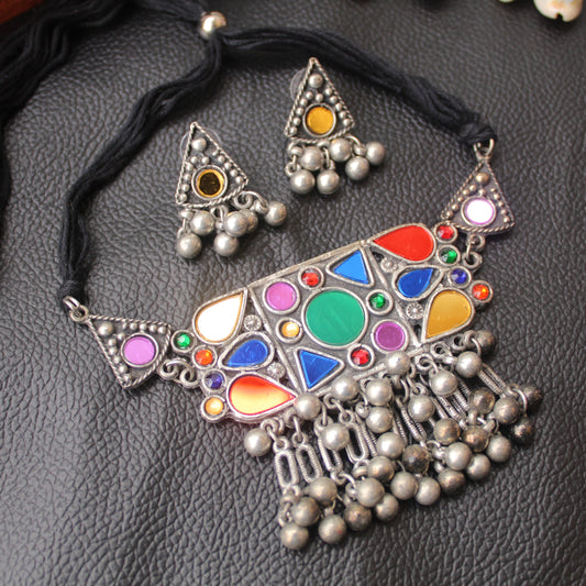 Stunning Multicolour Oxidised Silver Choker Set