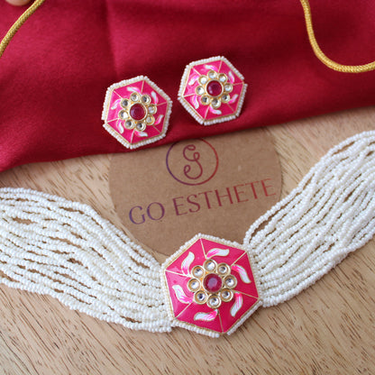 Pink & White Choker Necklace Set