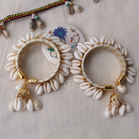 Cream Thread & Shells Work Free Size Bangles Pair