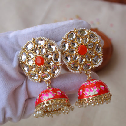 Orange & Pink Kundan Embellished Jhumki