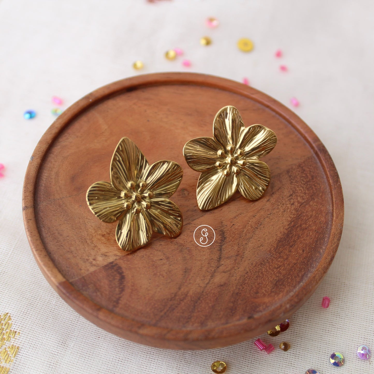 Golden Flower Design Anti Tarnish Studs