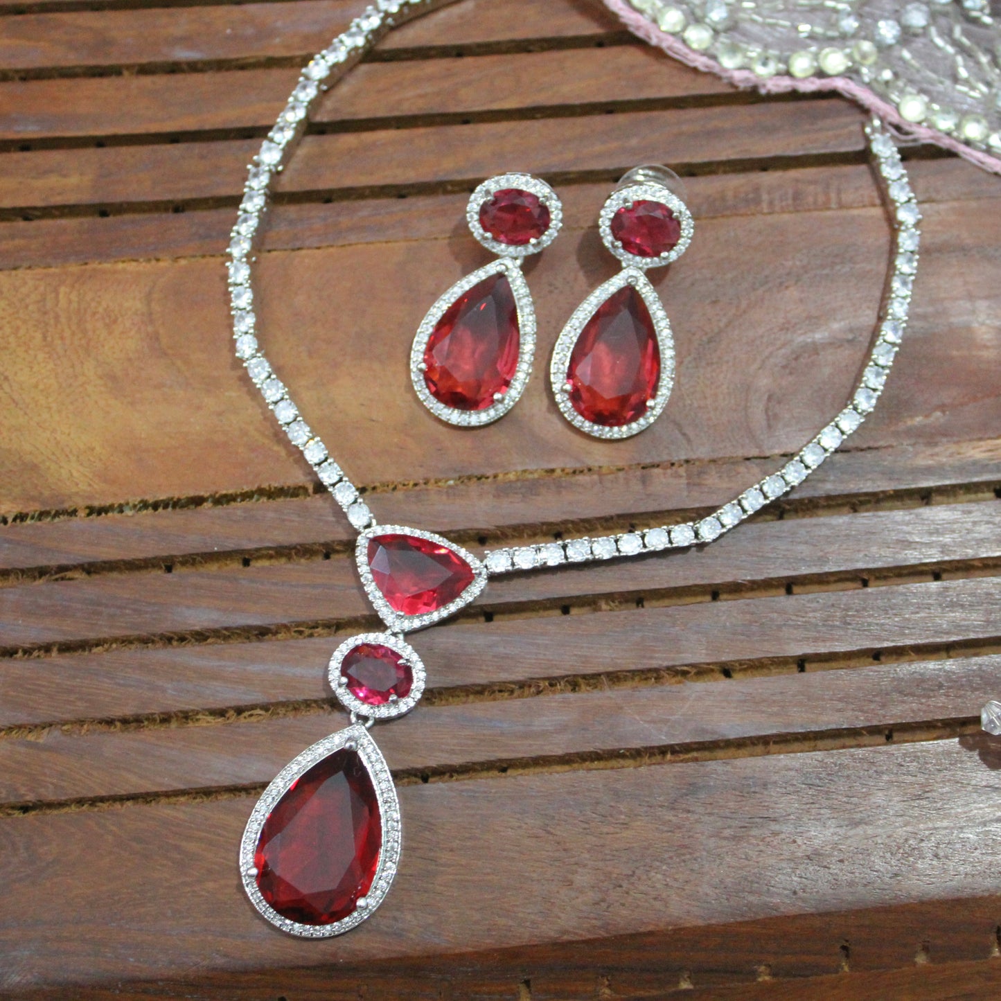 Ruby Stone & CZ Diamonds Work Necklace Set