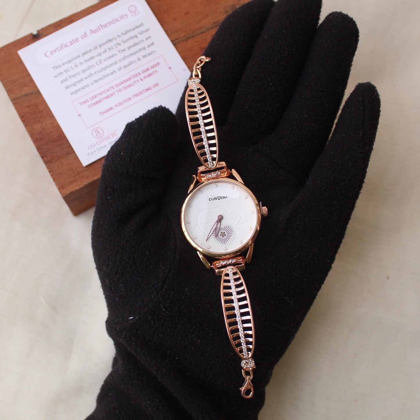 92.5 Pure Silver Rose Gold Toned Wrist Watch