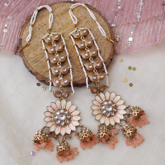 Peach Floral Ethnic Earrings With Earchains