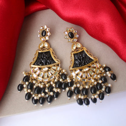 Black Carved Ethnic Dangler Earrings