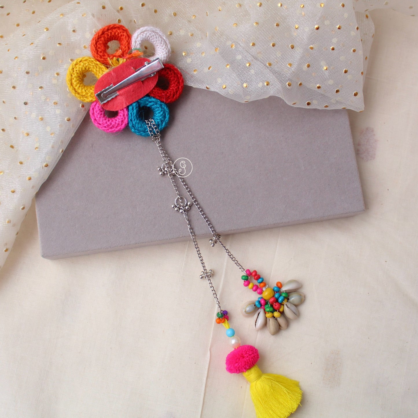 Beautiful Colourful Jute Flower Hair Clip With Pretty Strings