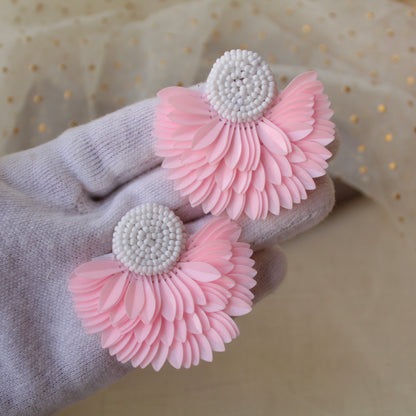 Baby Pink Feather Pattern Beaded Earrings