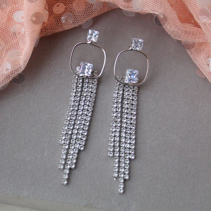 Silver Diamonds Embellished Long Earrings