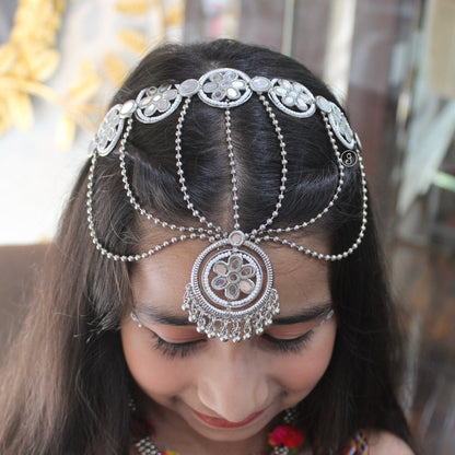 Regal Silver-Toned Headband with Maang Tika