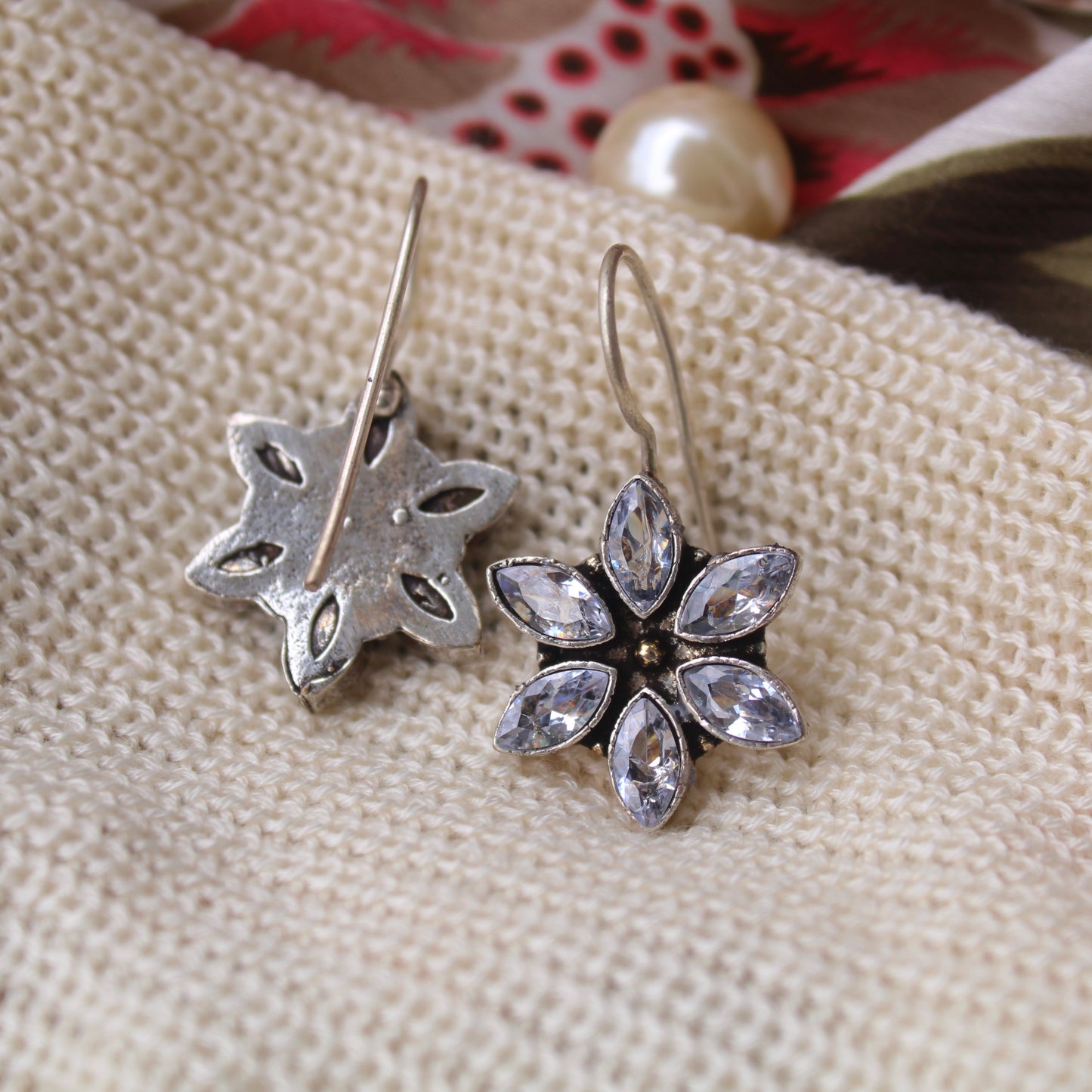 White Stones Work Oxidised Silver Earrings