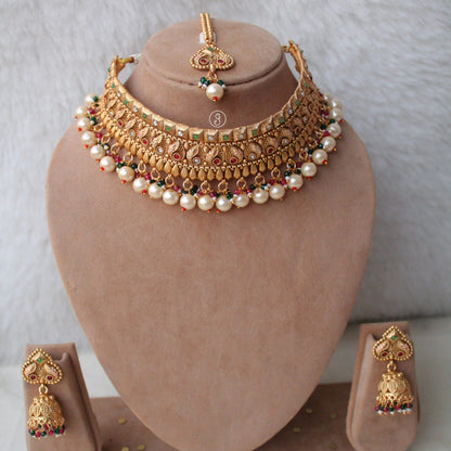 Stunning Gold Plated Brass Choker Set With Tika