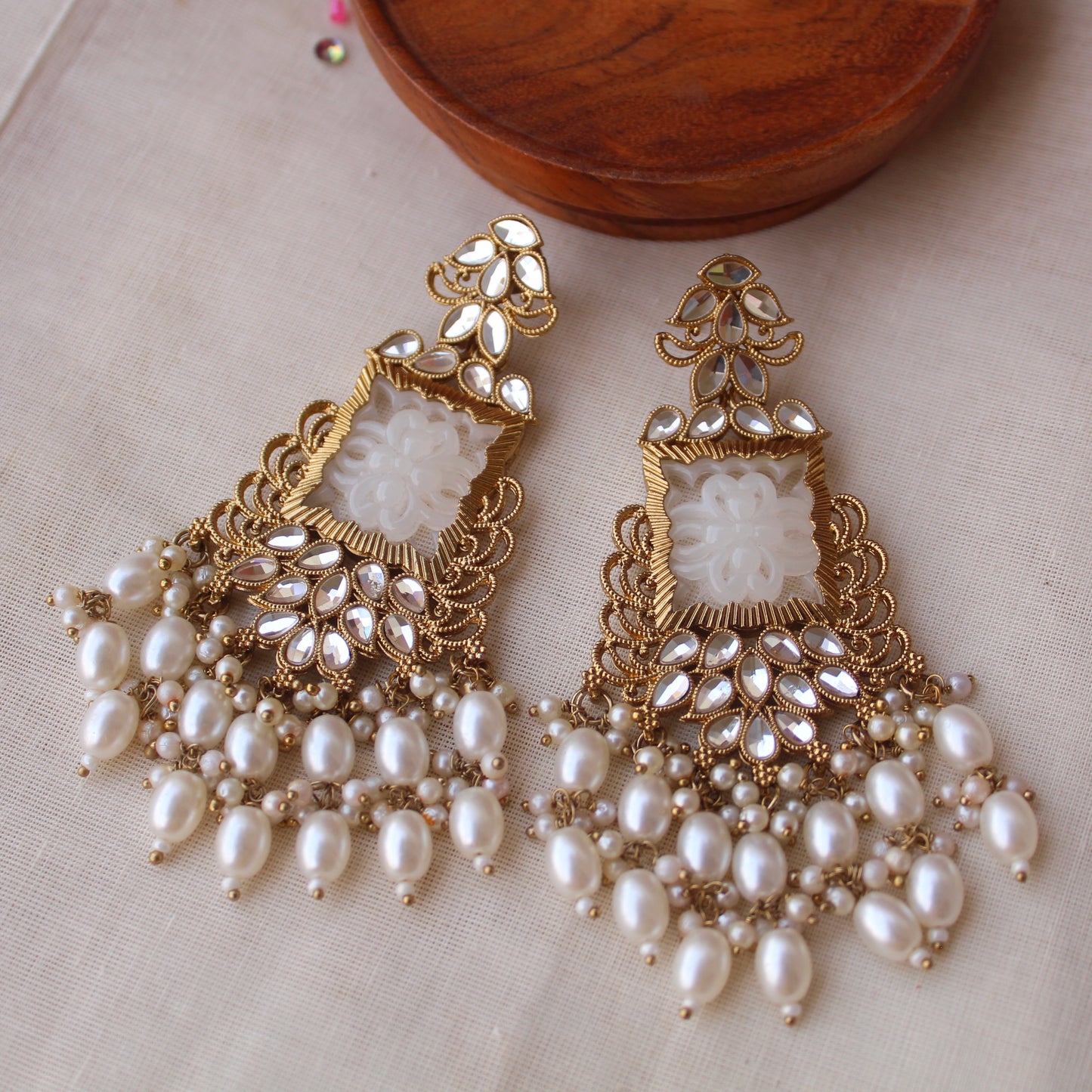 White & Golden Beautifully Carved Long Earrings