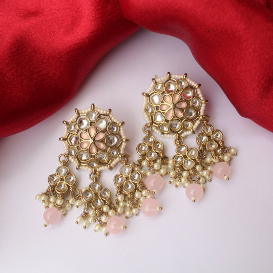 Golden & Baby Pink Kundan Work Earrings