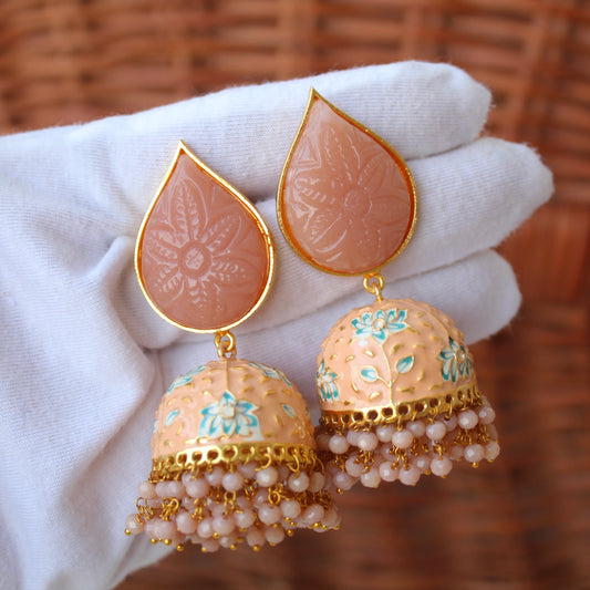 Premium Peach Stones & Crystals Work Jhumki