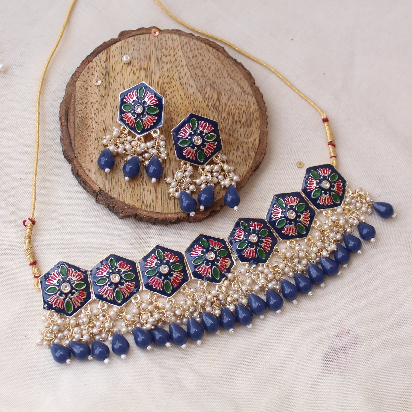 Blue Hexagon Pattern Meenakari Choker Set