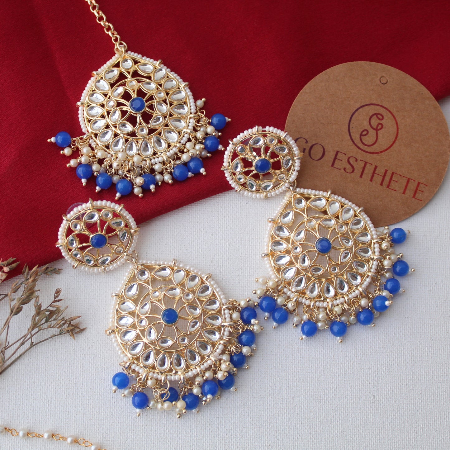 Blue Chandbali Earrings With Tika