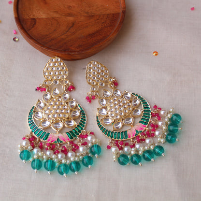 Teal Blue & Pink Kundan & Beads Work Chandbali