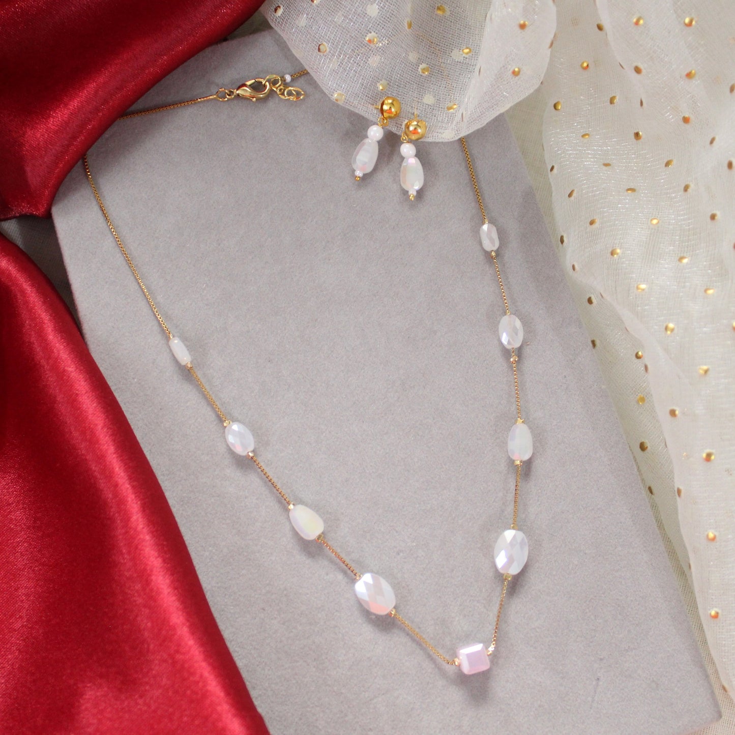 Opalite Elegance Gold-Plated Chain & Earrings