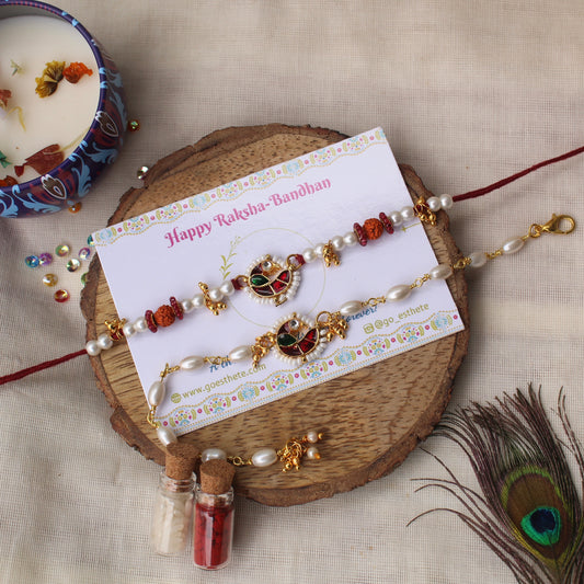 Elegant Meenakari Peacock Rakhi Pair for Bhai & Bhabhi
