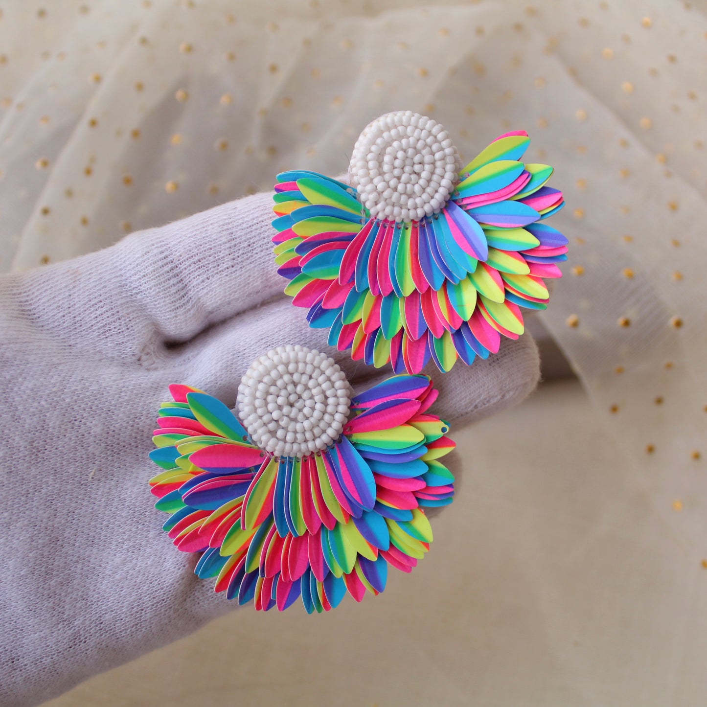Neon Rainbow Feather Pattern Beaded Earrings