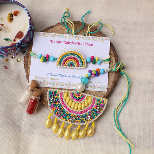 Colourful Beaded Rakhi Pair for Bhai & Bhabhi