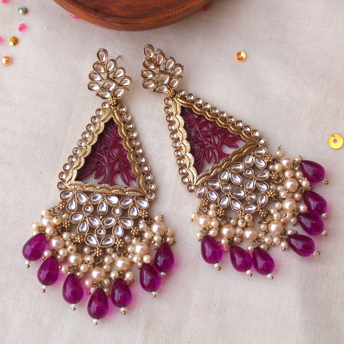 Classic Purple Carvings & Kundan Work Long Earrings