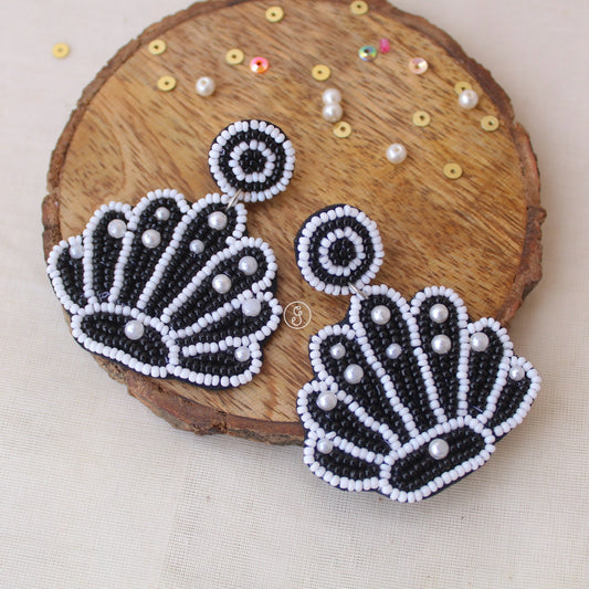 Black & White Beaded Shells Design Earrings