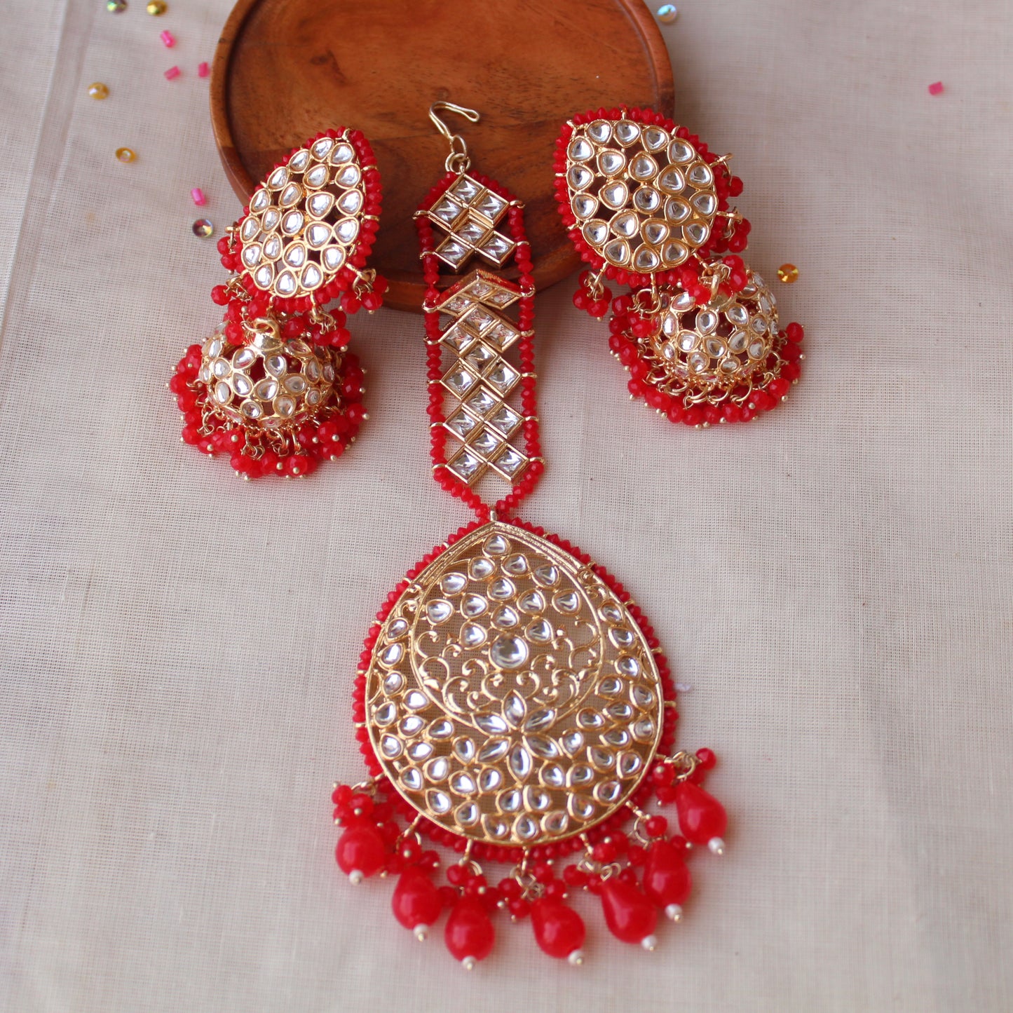 Premium Red Maangtika & Jhumki Set