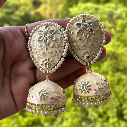 Cream Meenakari Ethnic Jhumki Earrings