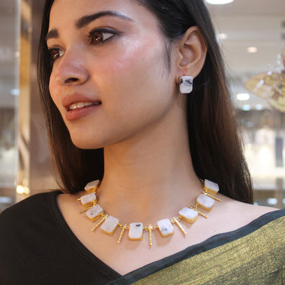 White Marble Stone Designer Brass Necklace Set
